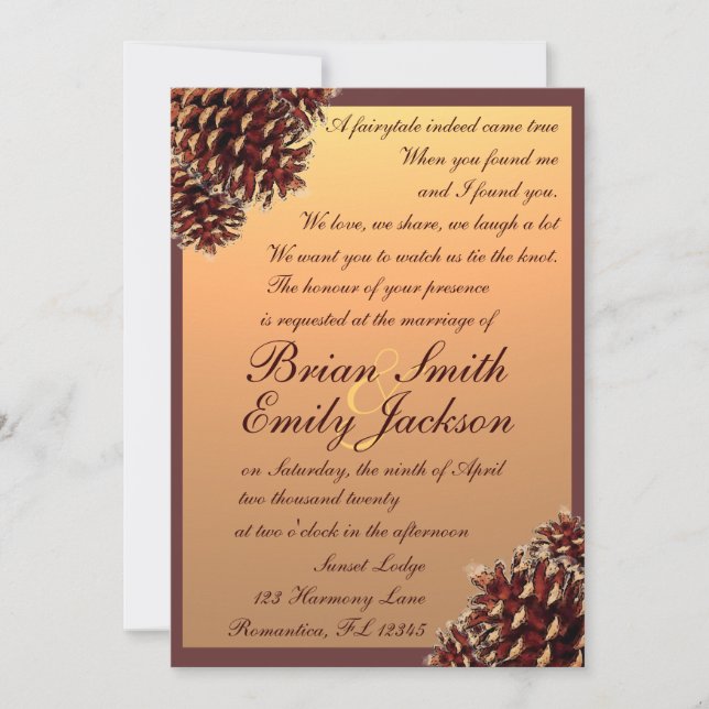 Rustic autumn theme pinecone wedding invitations (Front)
