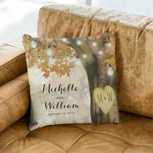 Rustic Autumn Tree Monogram Newlywed Couple Cushion (Creator Uploaded)