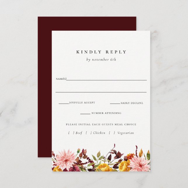 Rustic Autumn Wedding RSVP With Meal Choice Card (Front/Back)
