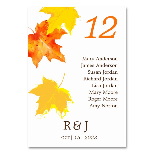 Rustic Autumn Wedding Table Seating Chart Table Number (Front)