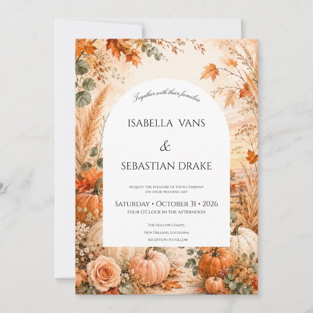 Rustic Autumn Wedding with Pumpkins & Boho Florals Invitation (Front)