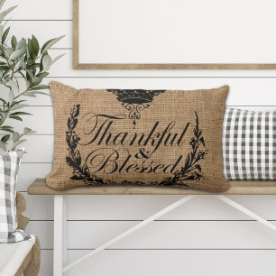rustic autumn western country burlap be thankful  lumbar cushion