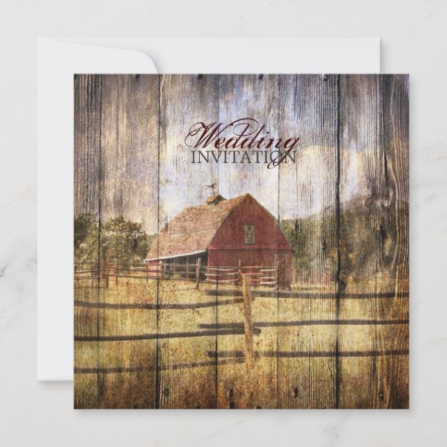 rustic autumn western country red barn wedding invitation (Front)