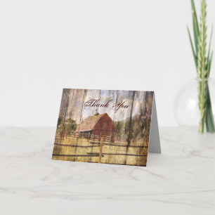 rustic autumn western country red barn wedding thank you card