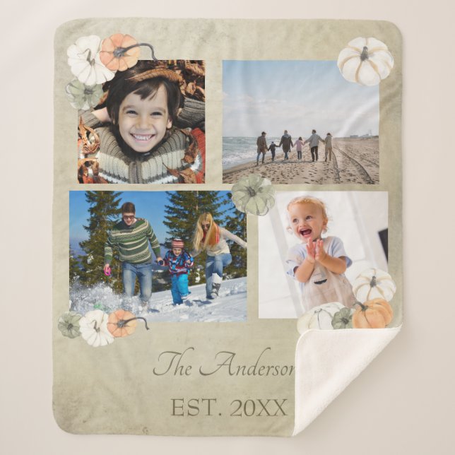 Rustic Autumn White, Orange Pumpkins Personalised Sherpa Blanket (Front)