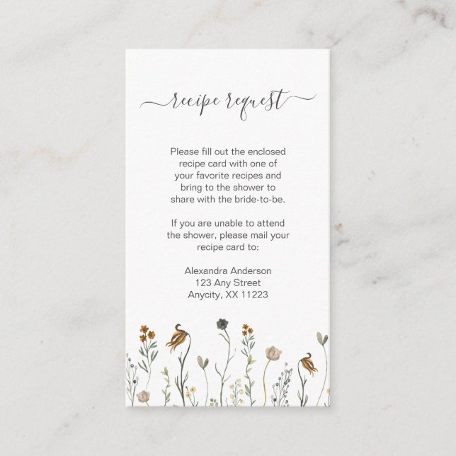 Rustic Autumn Wildflower recipe request Enclosure Card (Front)