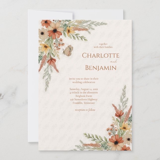 Rustic Autumn Wildflower Wedding Invitation (Front)
