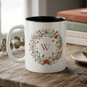 Rustic Autumn Wildflower Wreath Monogram Two-Tone Coffee Mug
