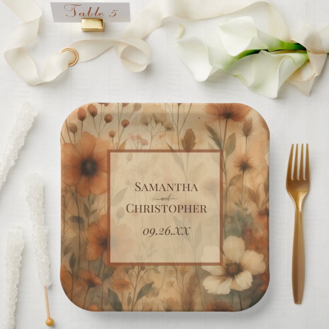 Rustic Autumn Wildflowers Elegant Boho Wedding Paper Plate (Wedding)