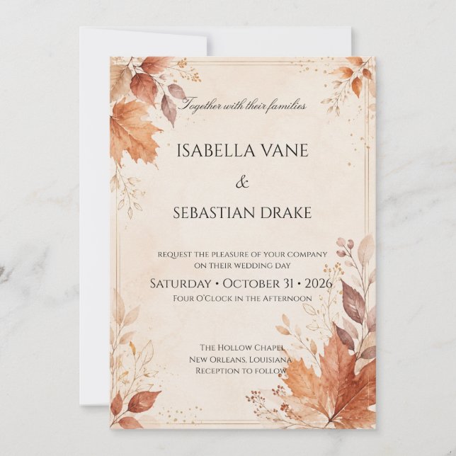 Rustic Autumn with Watercolor Leaves Invitation (Front)