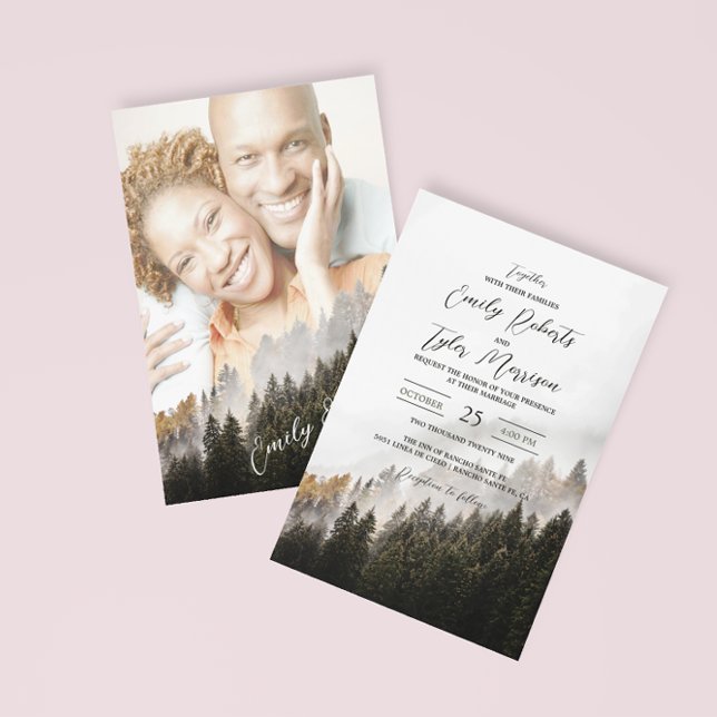 ©Rustic Autumn Woodland Forest Pine Photo Wedding  Invitation (Creator Uploaded)