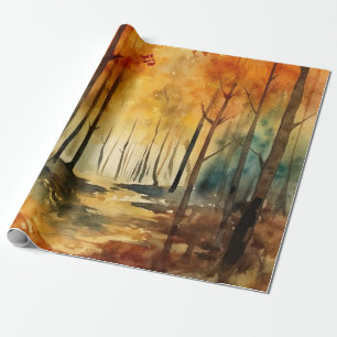 Rustic Autumn Woodland Watercolor Tree Pattern Wrapping Paper