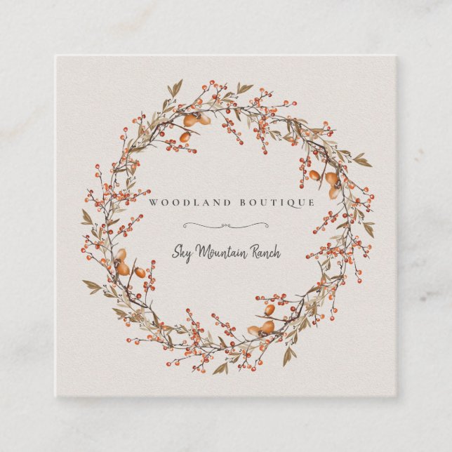 Rustic Autumn Woodland Wreath Business Cards (Front)