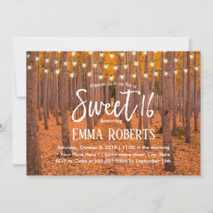 Rustic Autumn Woods String Lights Sweet 16 Invitation