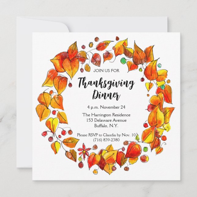 Rustic Autumn Wreath Colourful Thanksgiving Dinner Invitation (Front)