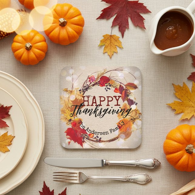 Rustic Autumn Wreath Happy Thanksgiving Square Paper Coaster (Creator Uploaded)