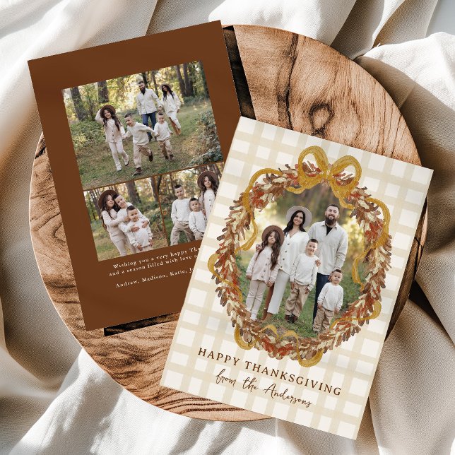 Rustic Autumn Wreath with Bow 4 Photo Thanksgiving Holiday Card (Creator Uploaded)