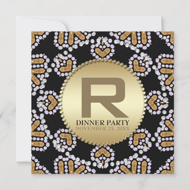 Rustic Aztec Hearts Golden Dinner Party Invitation (Front)