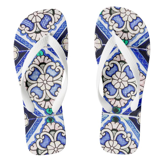 Rustic Azulejo Spanish Pattern Tiles Navy White Jandals (Footbed)