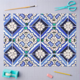 Rustic Azulejo Spanish Pattern Tiles Navy White Tissue Paper
