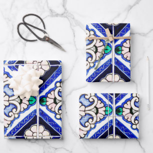 Rustic Azulejo Spanish Pattern Tiles Navy White Wrapping Paper Sheet