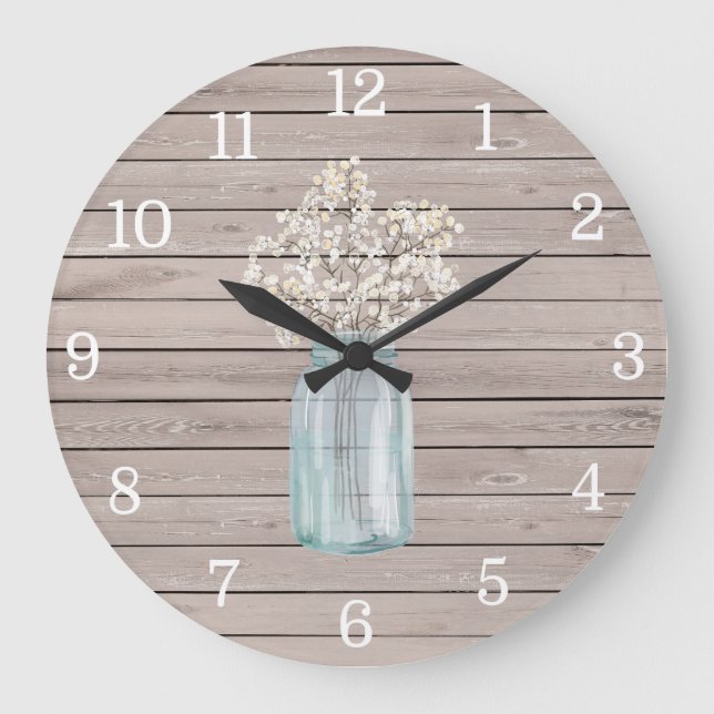 Rustic Baby Breath Mason Jar Clock (Front)