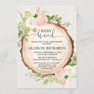 Rustic baby brunch blush pink floral girl shower invitation