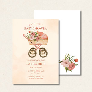 Rustic Baby Carriage Watercolor Floral Baby Shower Invitation