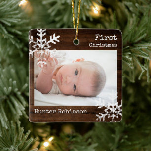 Rustic Baby First Christmas Photo Ceramic Ornament