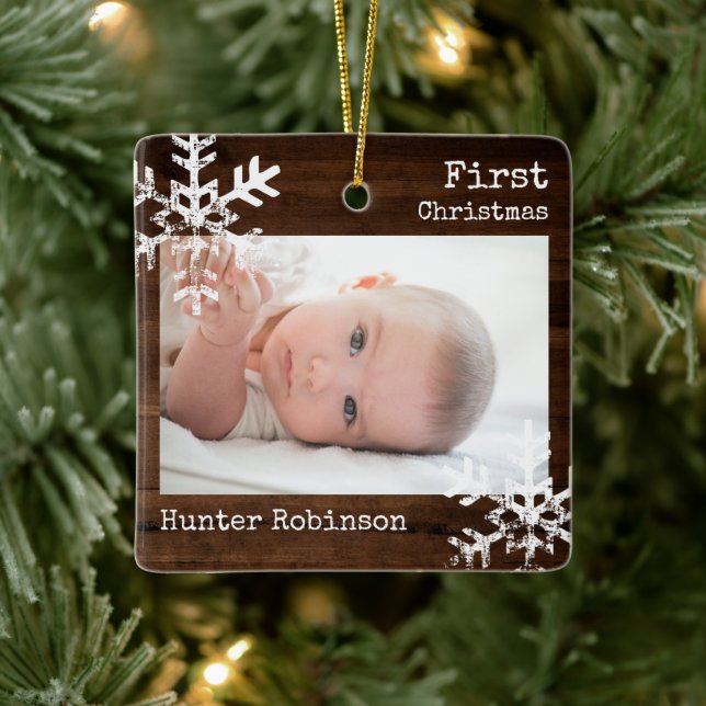 Rustic Baby First Christmas Photo Ceramic Ornament (Tree)