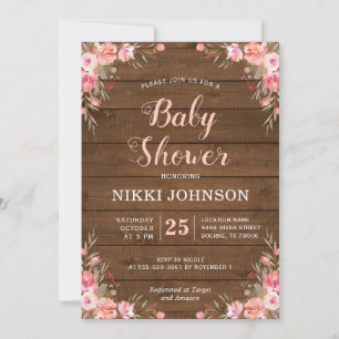 Rustic Baby Girl Shower Country Chic Floral Wood Invitation