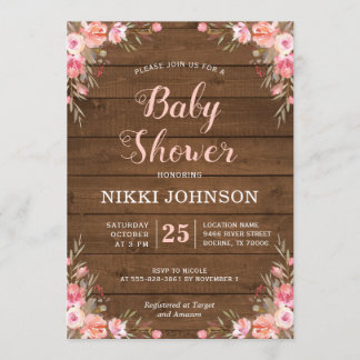 Rustic Baby Girl Shower Country Chic Floral Wood Invitation