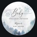 Rustic Baby It's Cold Outside Blue Baby Shower Classic Round Sticker<br><div class="desc">Rustic baby shower favour sticker featuring watercolor illustration of a snowy mountain with pine tree forest and blue snowflakes. The text says "baby it's cold outside."</div>