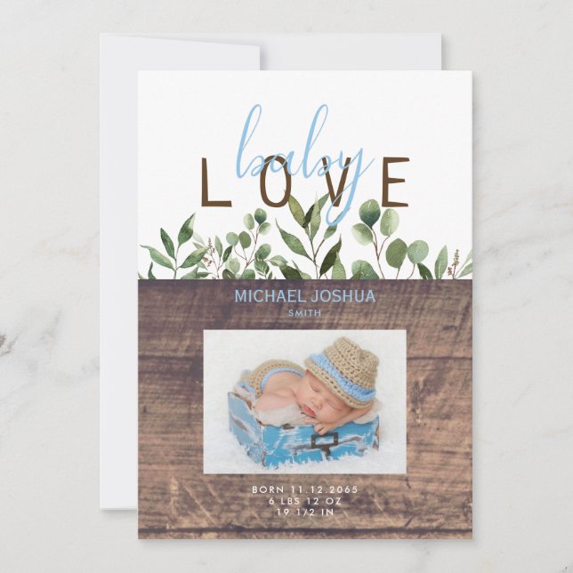 Rustic Baby Love Wood Boy Photo Birth Announcement (Front)