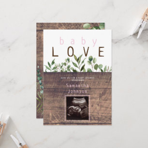 Rustic Baby Love Wood Ultrasound Baby Shower Pink Invitation
