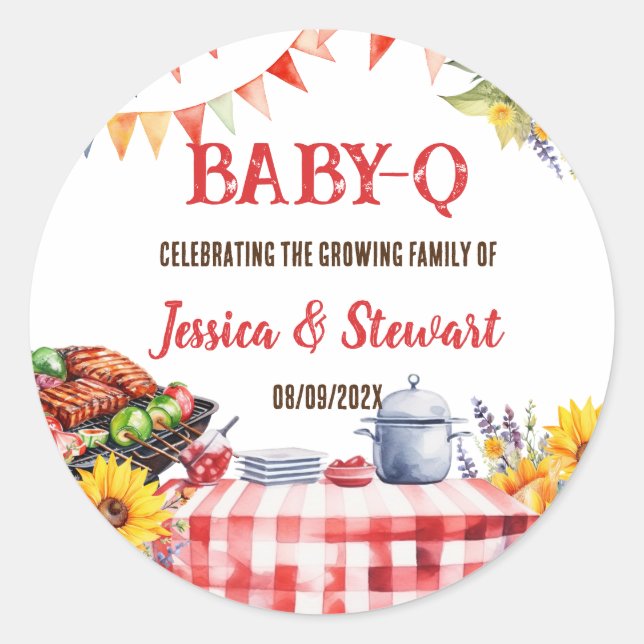 Rustic BABY-Q Barbecue Picnic Sunflower Plaid Classic Round Sticker (Front)