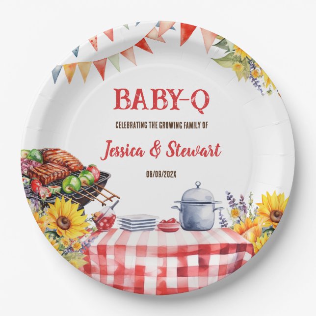 Rustic BABY-Q Barbecue Picnic Sunflower Plaid Paper Plate (Front)