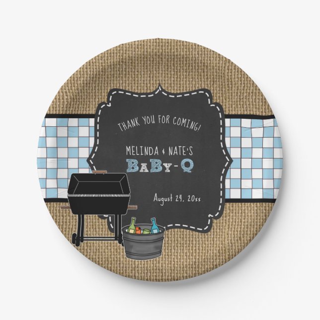 Rustic Baby Q boy baby shower decor Paper Plate (Front)