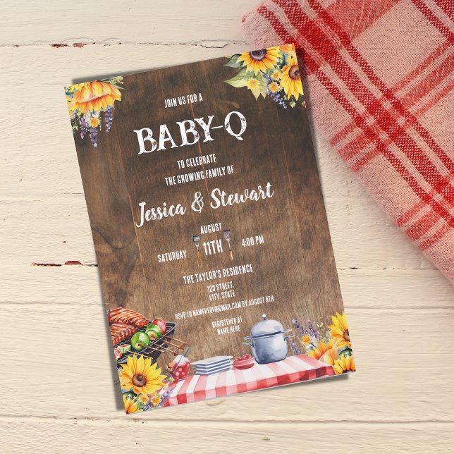 Rustic BABY-Q  Picnic Sunflower Plaid Wood Invitation (Creator Uploaded)