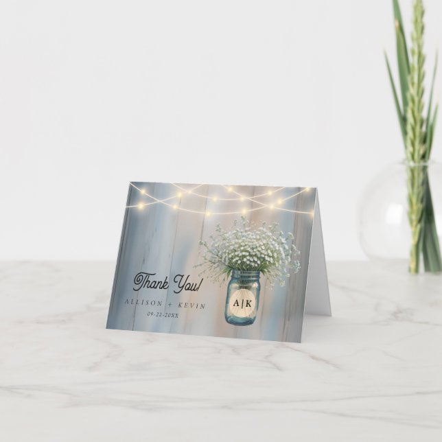 Rustic Baby’s Breath Mason Jar Wedding Thank You  Card (Front)