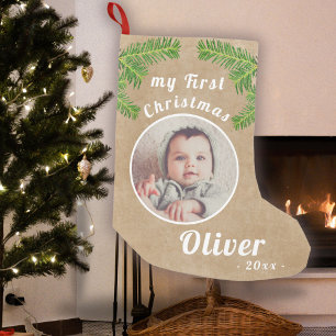 Rustic Baby`s First Christmas Baby Photo Small Christmas Stocking
