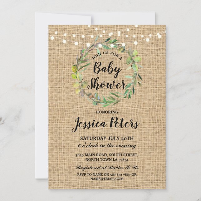 Rustic Baby Shower Burlap Green Wreath Invite (Front)