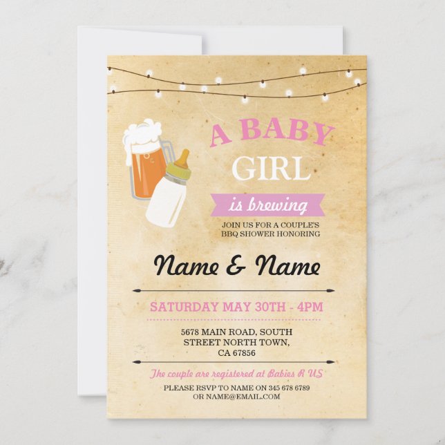 Rustic Baby Shower Girl Brewing Pink BBQ Invite (Front)