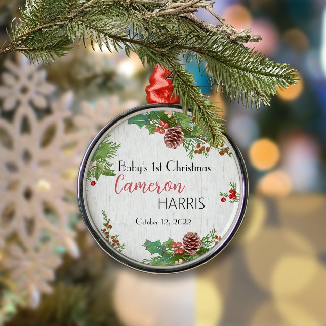 Rustic Baby's 1st Christmas Holly & Pine Metal Tree Decoration (Creator Uploaded)