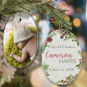 Rustic Baby's 1st Christmas Milestone Photo Ceramic Tree Decoration