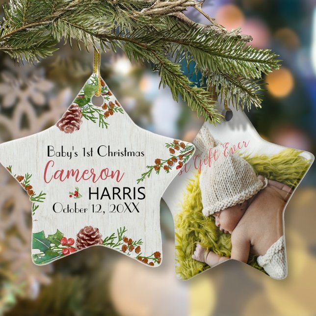Rustic Baby's 1st Christmas Milestone Photo  Ceramic Tree Decoration (Creator Uploaded)