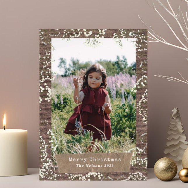 Rustic Baby's Breath Christmas Photo Torn Paper Holiday Card (Creator Uploaded)