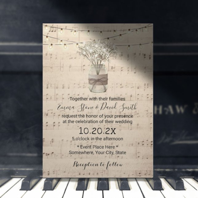 Rustic Baby's Breath Floral Jar Musical Wedding Invitation (Creator Uploaded)