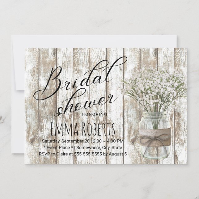 Rustic Baby's Breath Floral Jar Wood Bridal Shower Invitation (Front)