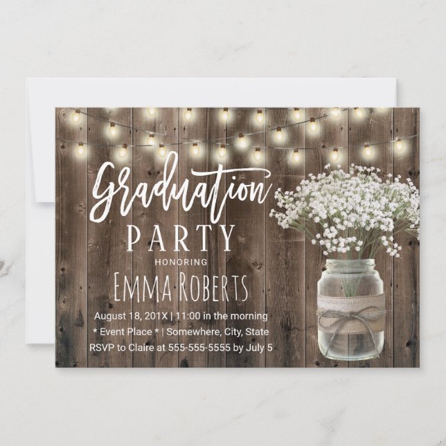 Rustic Baby's Breath Floral Jar Wood Graduation Invitation (Front)
